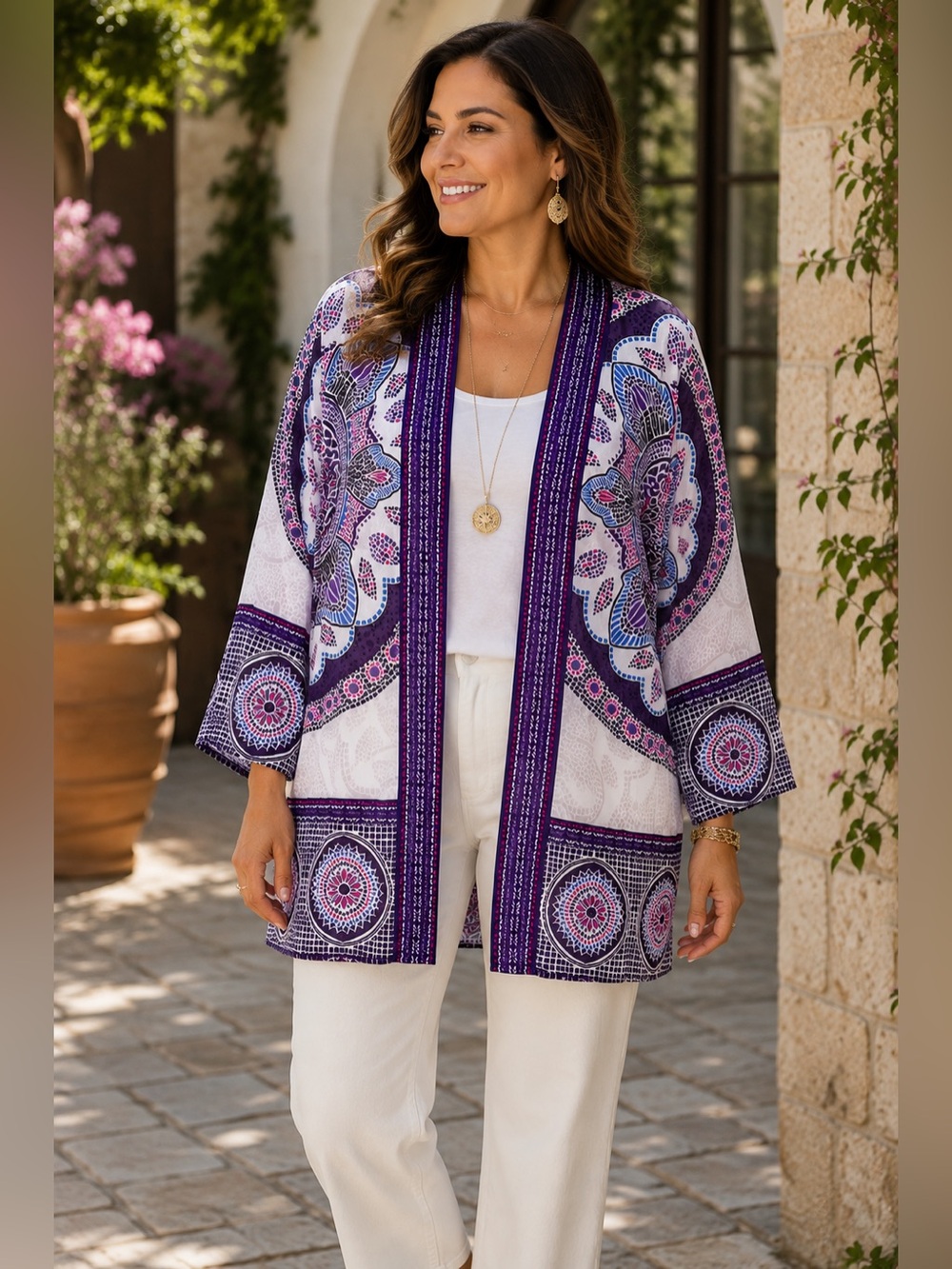 CHICOS Travelers Collection Purple Mosaic Mandala Print Open Cardigan Kimono EUC
